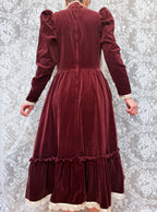 Vintage 1970s Gunne Sax Burgundy Velvet Prairie Dress