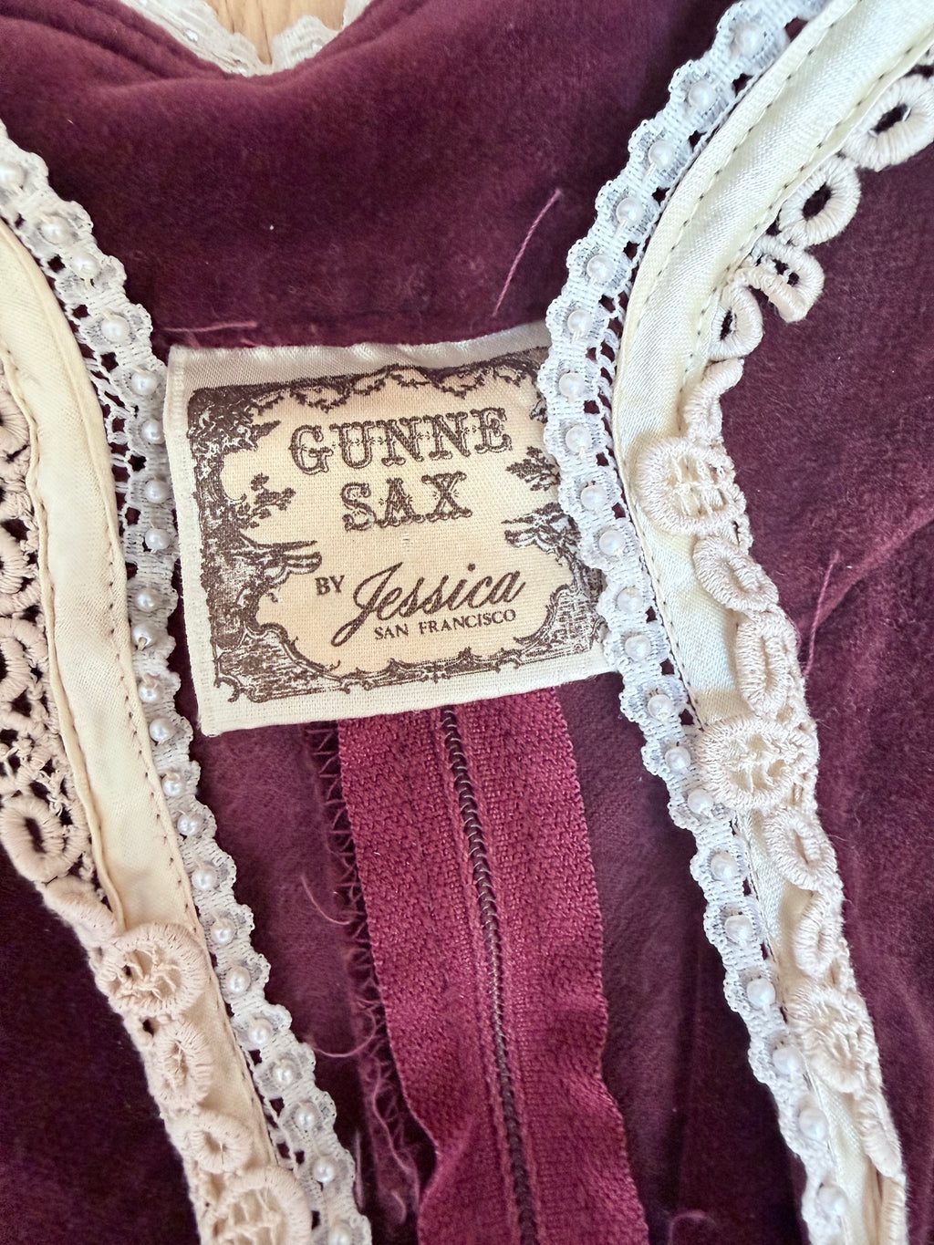 Vintage 1970s Gunne Sax Burgundy Velvet Prairie Dress
