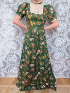 Rare Vintage 1970s Green Floral Prairie Handmade Dress