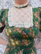 Rare Vintage 1970s Green Floral Prairie Handmade Dress