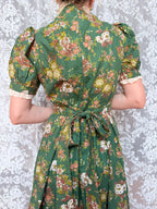Rare Vintage 1970s Green Floral Prairie Handmade Dress