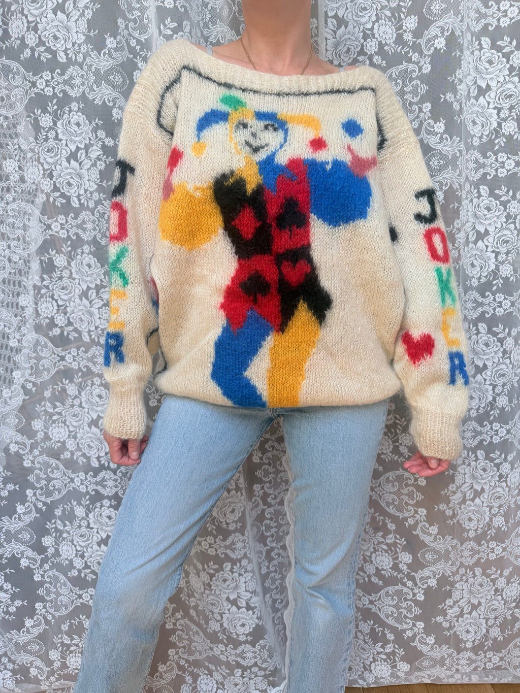 Vintage 1990s–1980s Hand-Knitted Mohair Novelty Playing Card Joker Jumper | Selina Knitwear