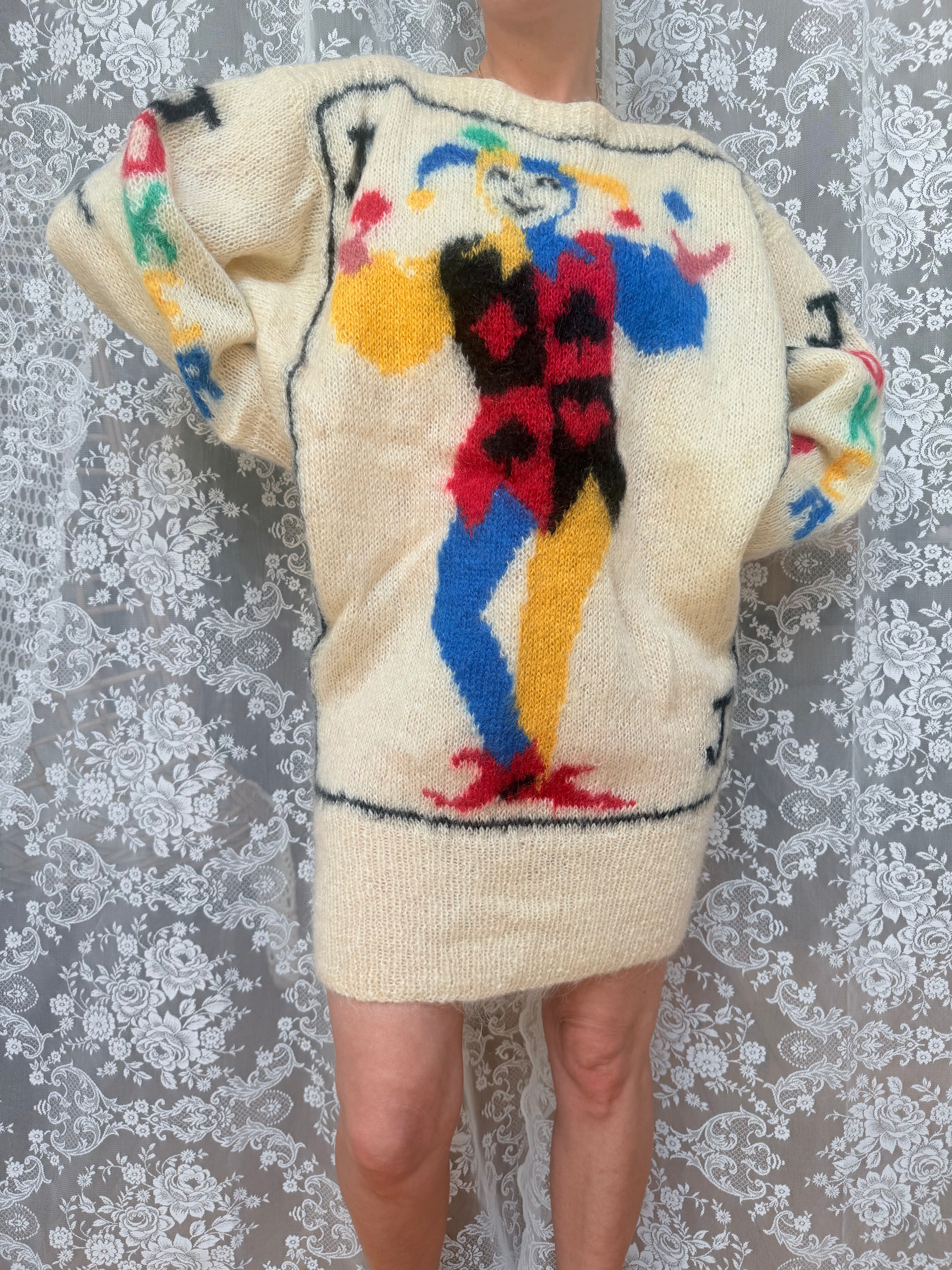 Vintage 1990s–1980s Hand-Knitted Mohair Novelty Playing Card Joker Jumper | Selina Knitwear