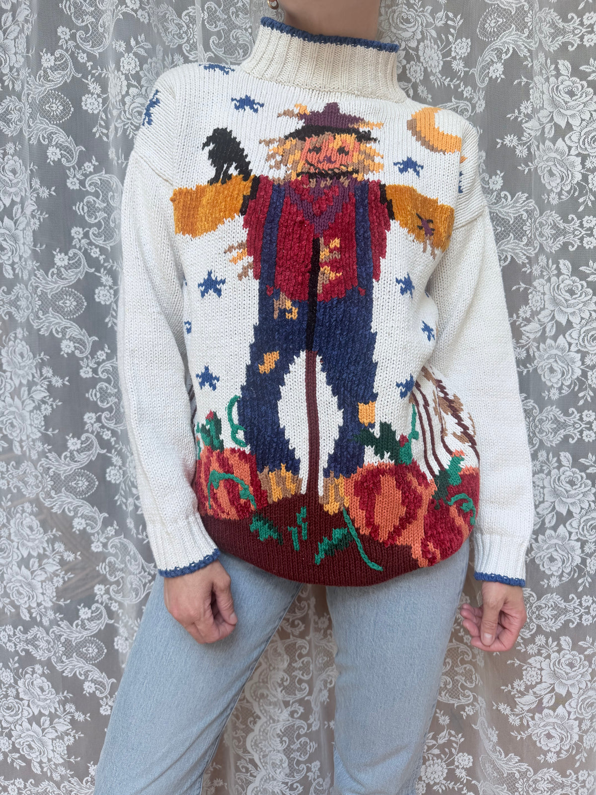 Vintage Nuggets Ramie & Cotton Scarecrow Knit Jumper | 1990s Cottagecore Halloween Sweater