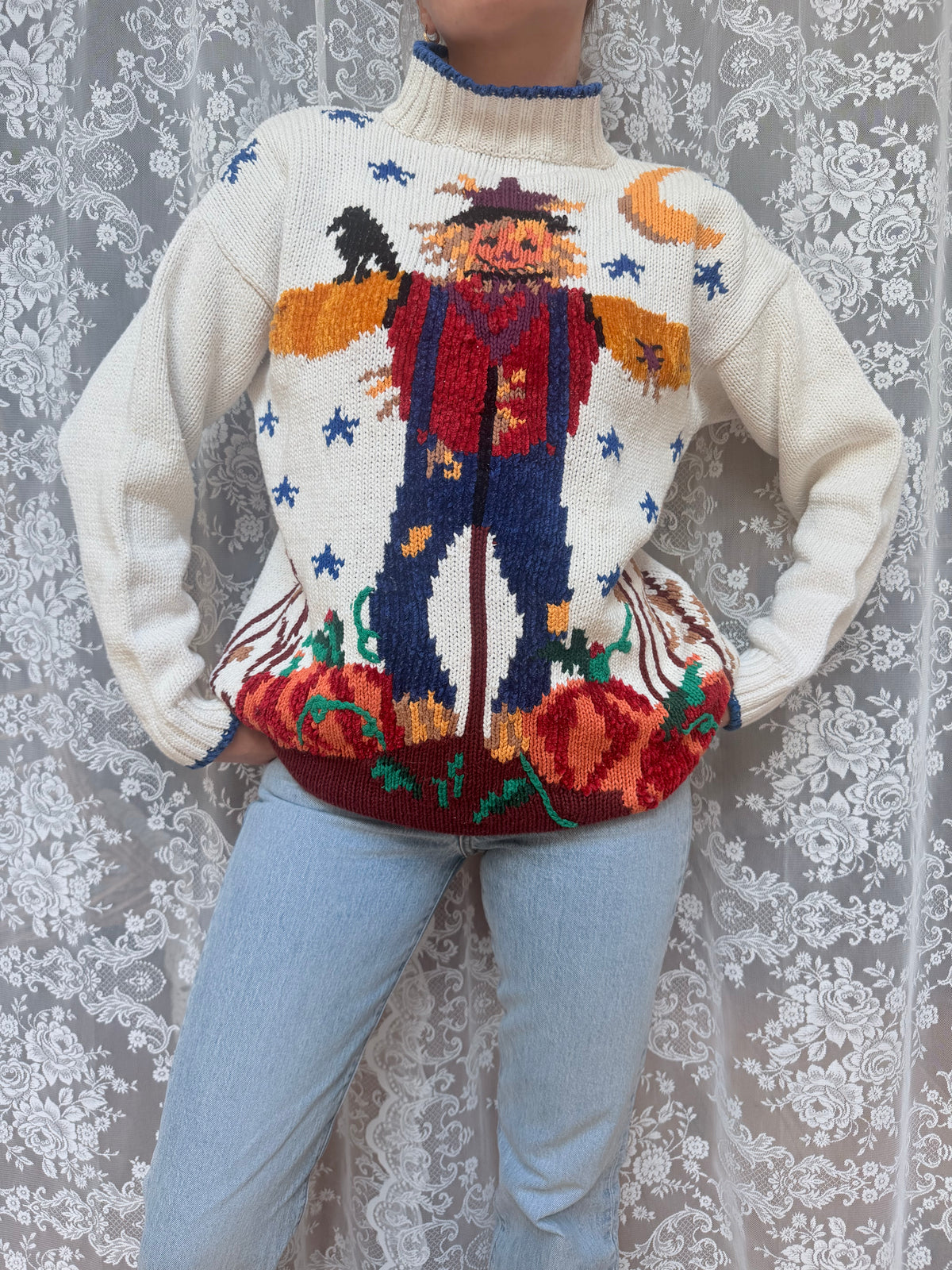 Vintage Nuggets Ramie & Cotton Scarecrow Knit Jumper | 1990s Cottagecore Halloween Sweater