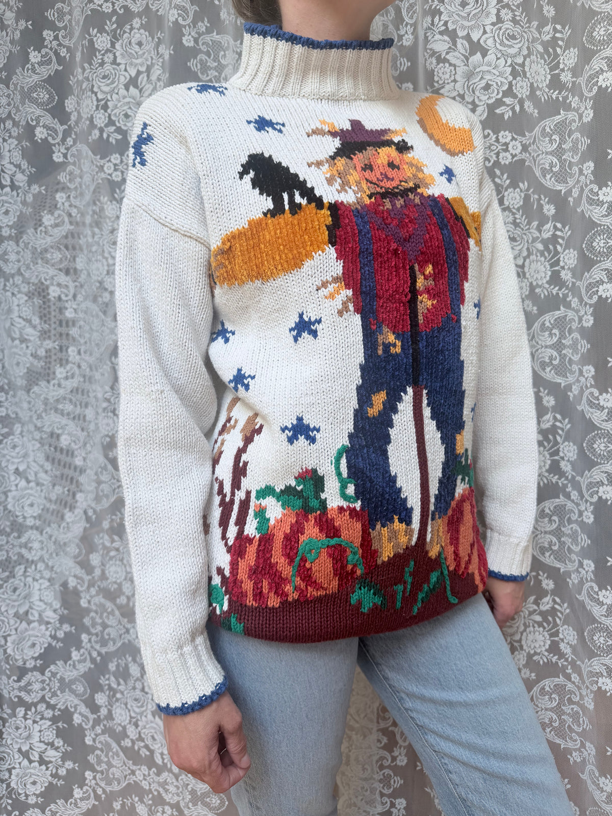 Vintage Nuggets Ramie & Cotton Scarecrow Knit Jumper | 1990s Cottagecore Halloween Sweater