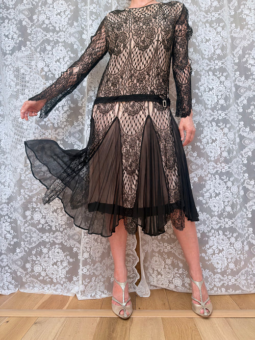 Antique 1920s–1930s Art Deco Black Lace Evening Flapper Dress