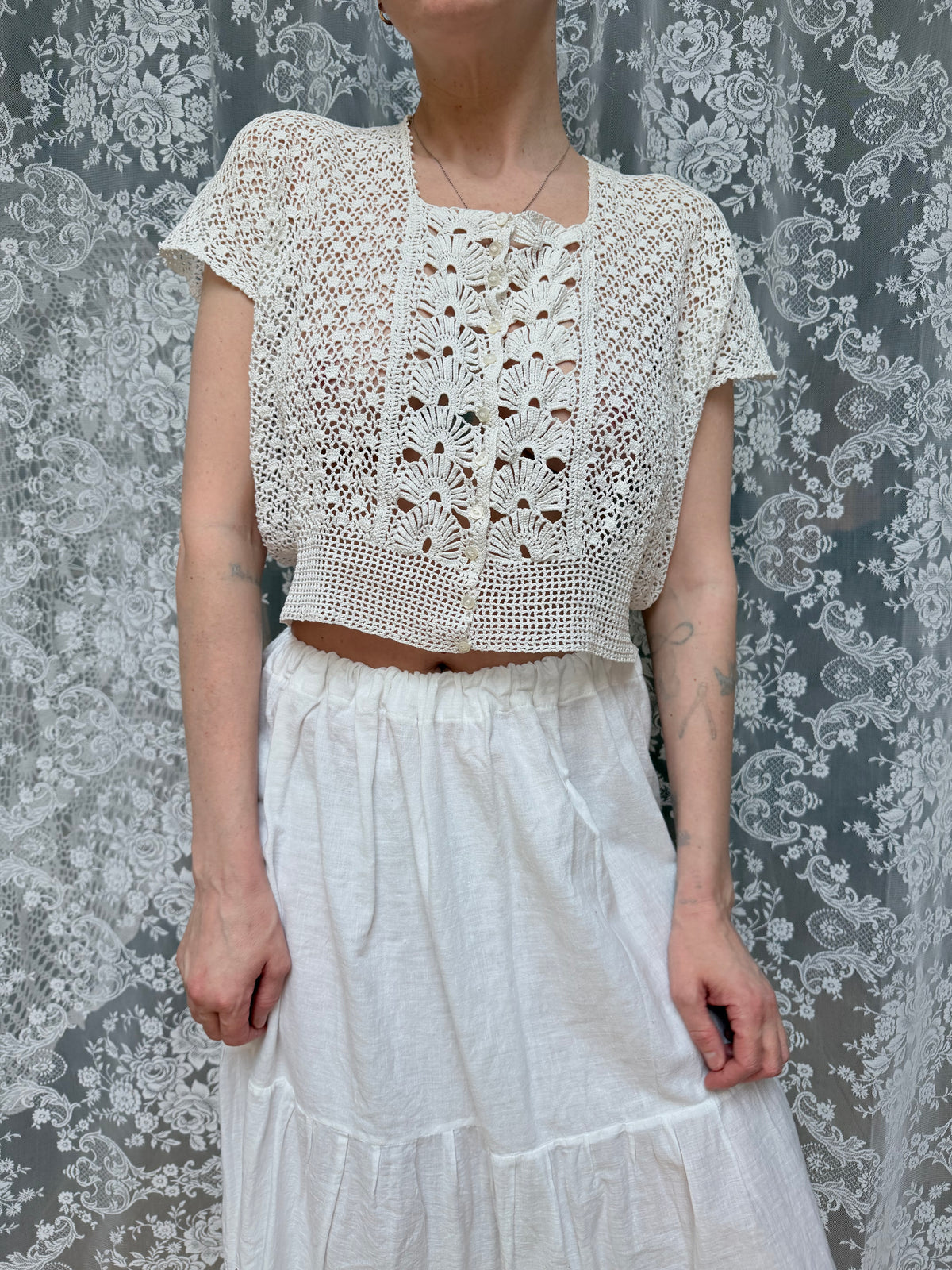 Vintage 1970s Crochet Cream Crop Top