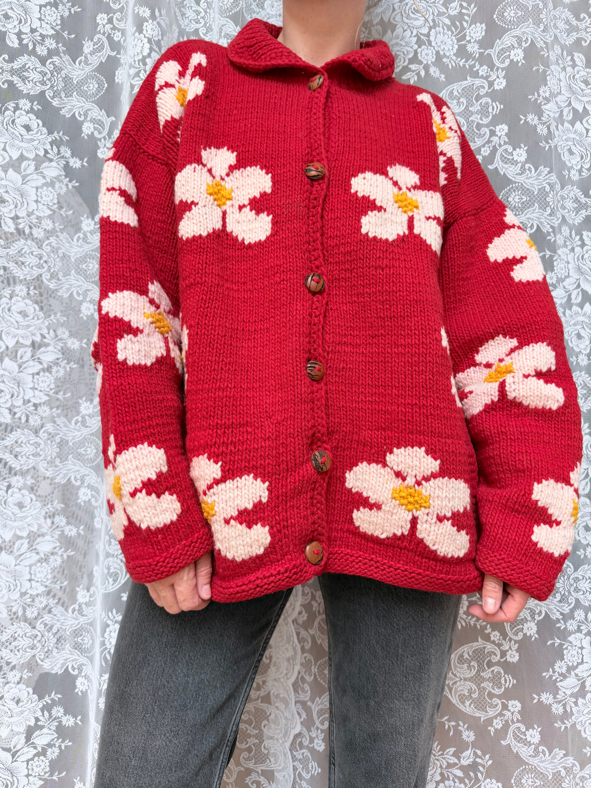 Vintage 1990s Pachamama Red Daisy Hand-Knitted Wool Cardigan