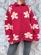 Vintage 1990s Pachamama Red Daisy Hand-Knitted Wool Cardigan