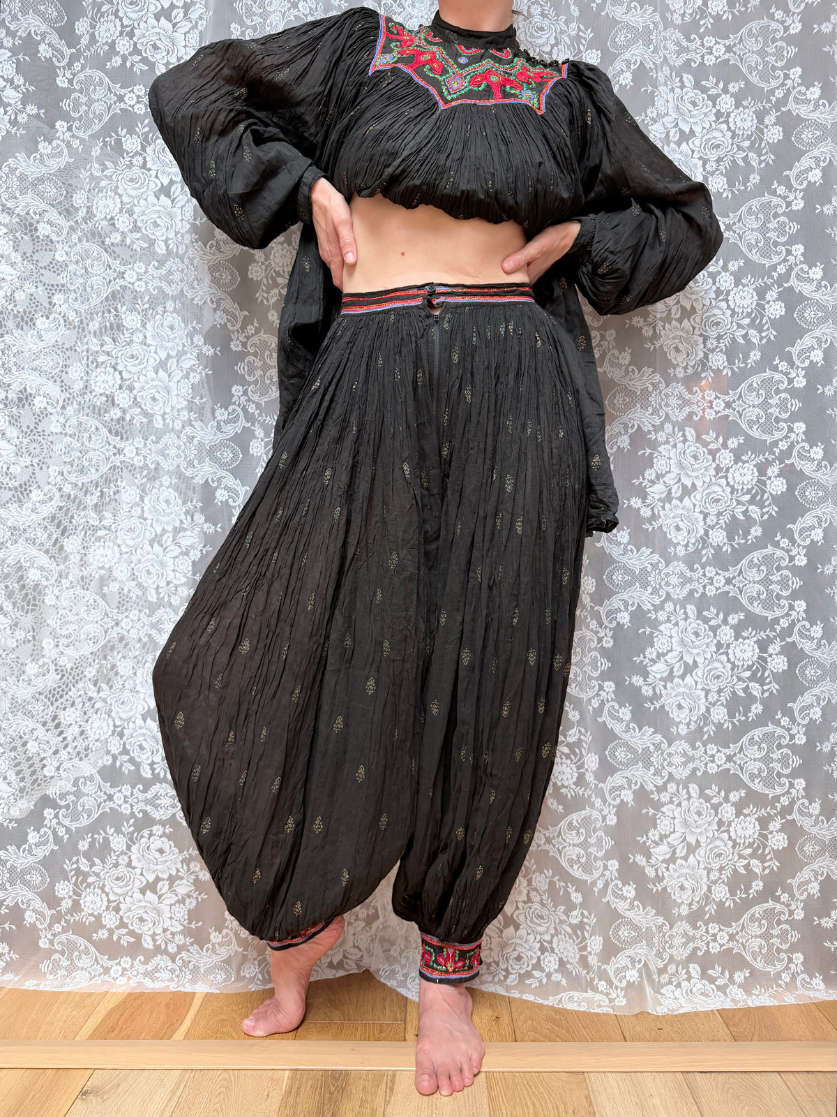 Rare 1970s French Connection Boho Embroidered Cotton Harem Two Piece