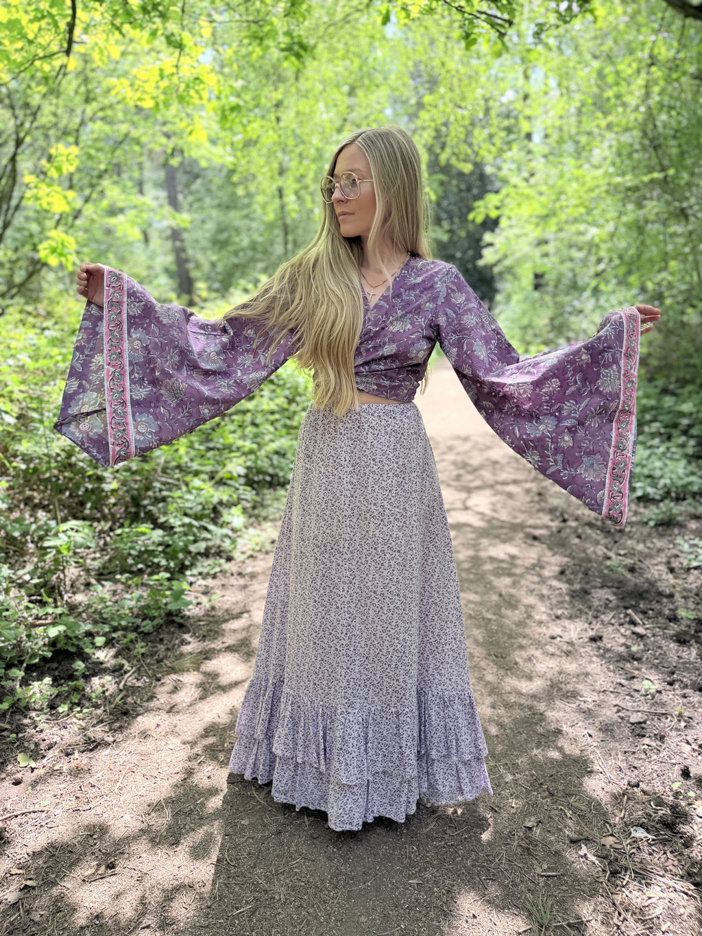 The Sofiya in Amethyst Bell Sleeve Block Print Blouse