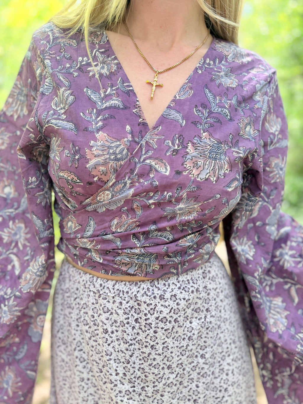 The Sofiya in Amethyst Bell Sleeve Block Print Blouse