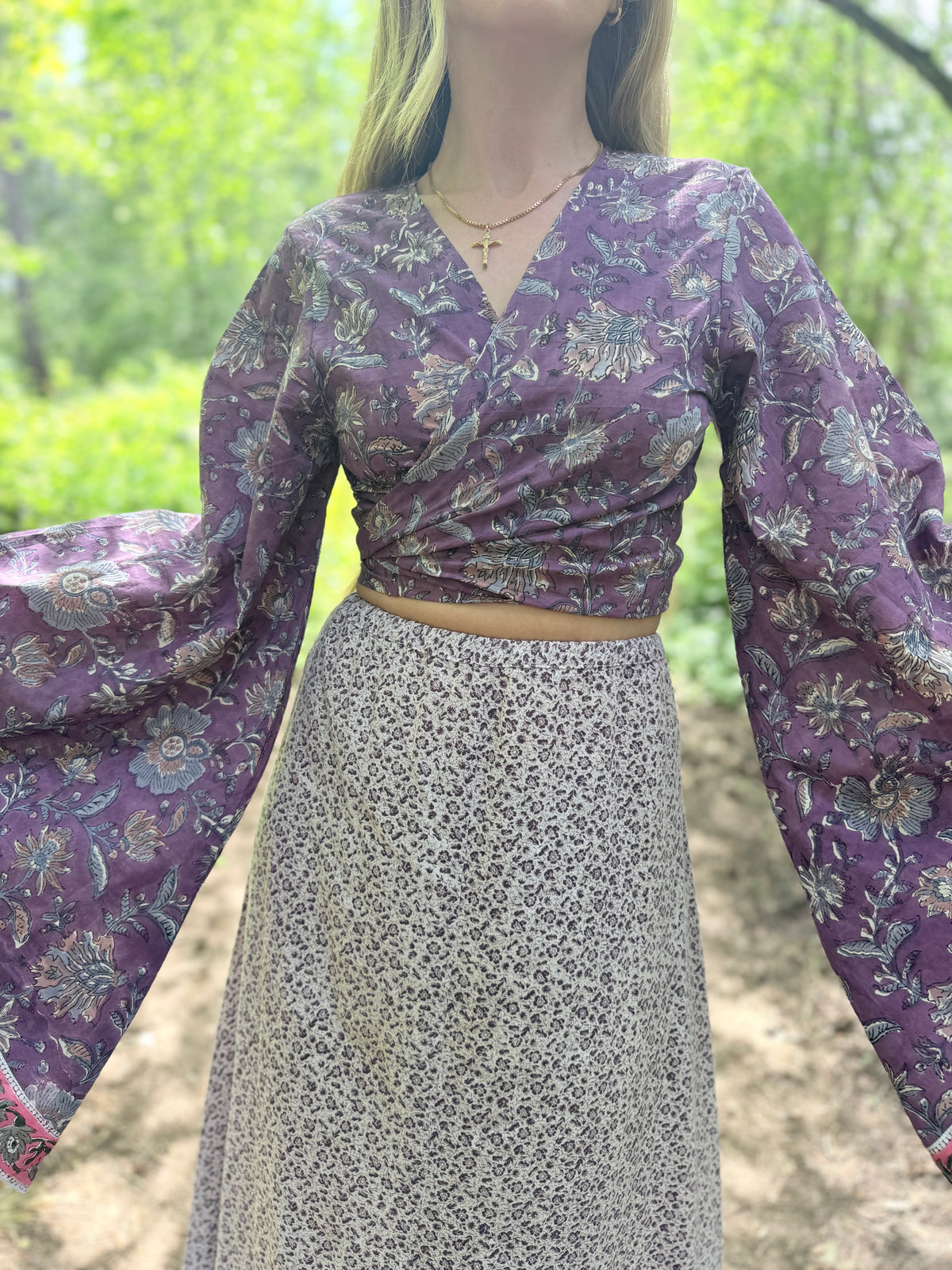 The Sofiya in Amethyst Bell Sleeve Block Print Blouse