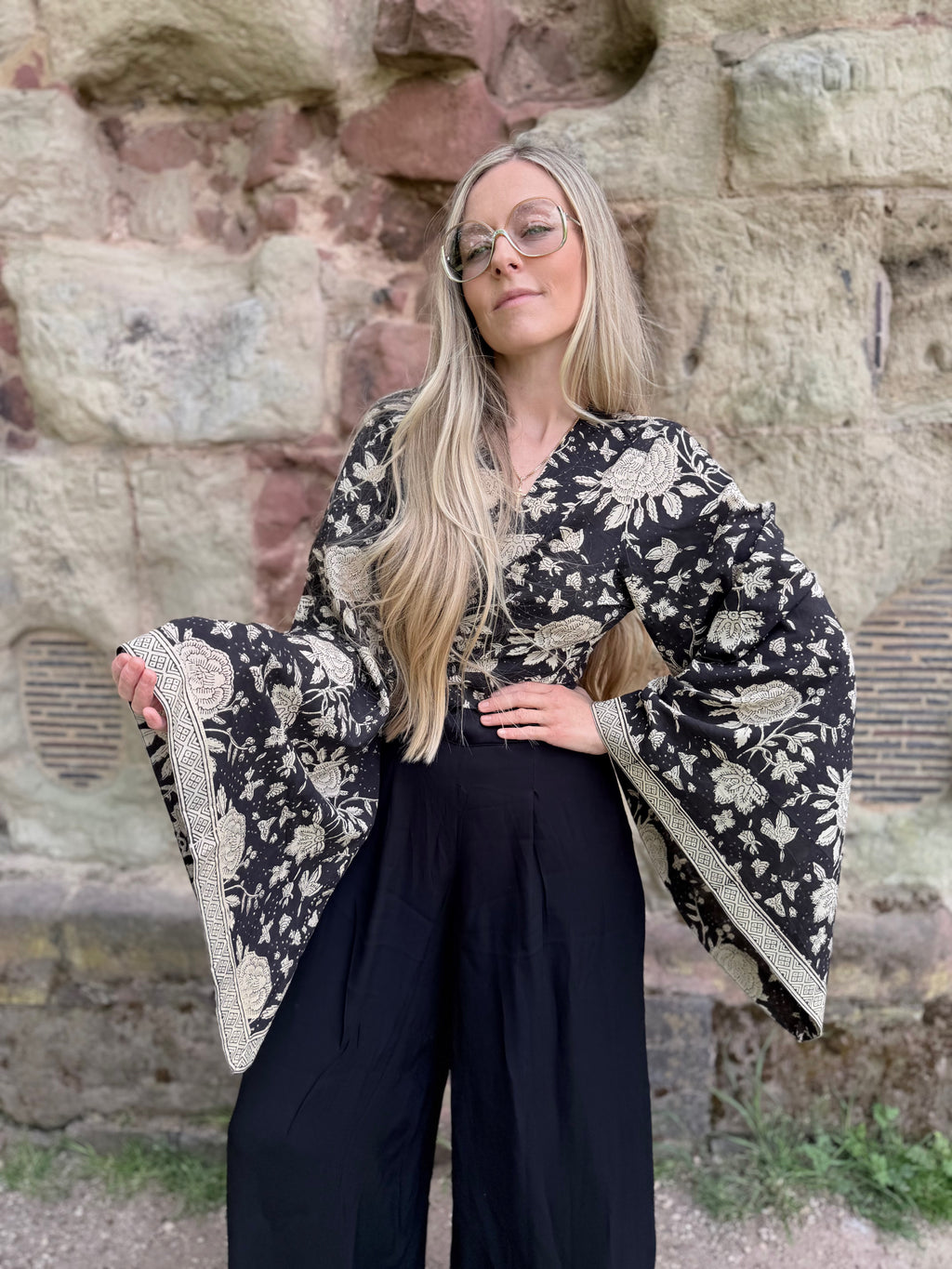 The Sofiya in Black Bell Sleeve Blouse | Indian Block Print Wrap Top