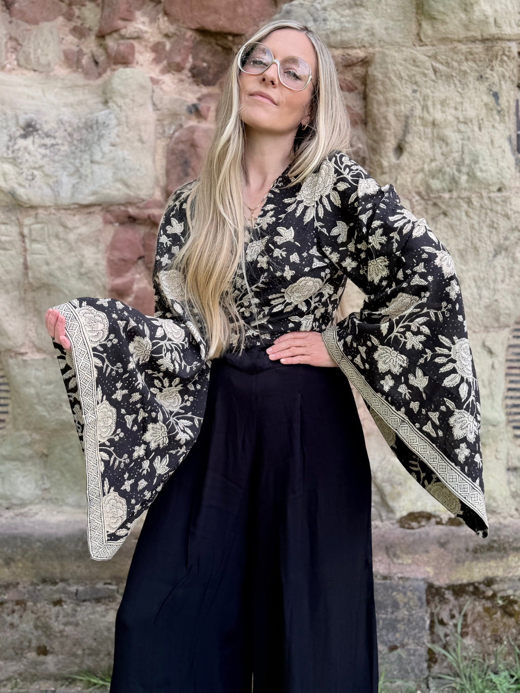The Sofiya in Black Bell Sleeve Blouse | Indian Block Print Wrap Top