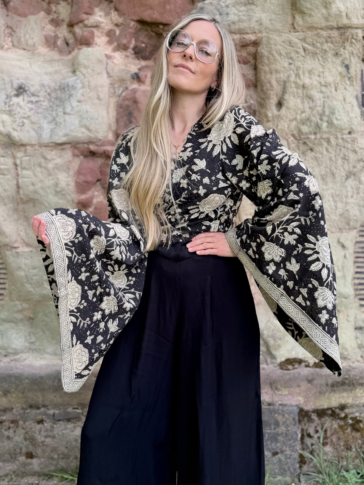 The Sofiya in Black Bell Sleeve Blouse | Indian Block Print Wrap Top