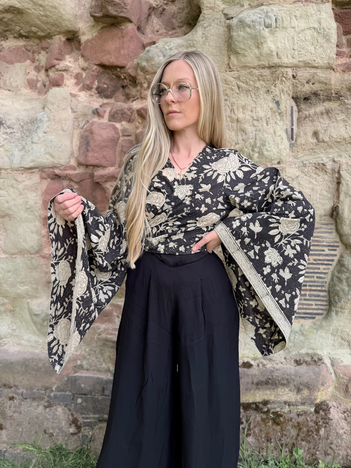 The Sofiya in Black Bell Sleeve Blouse | Indian Block Print Wrap Top