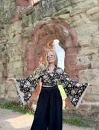 The Sofiya in Black Bell Sleeve Blouse | Indian Block Print Wrap Top