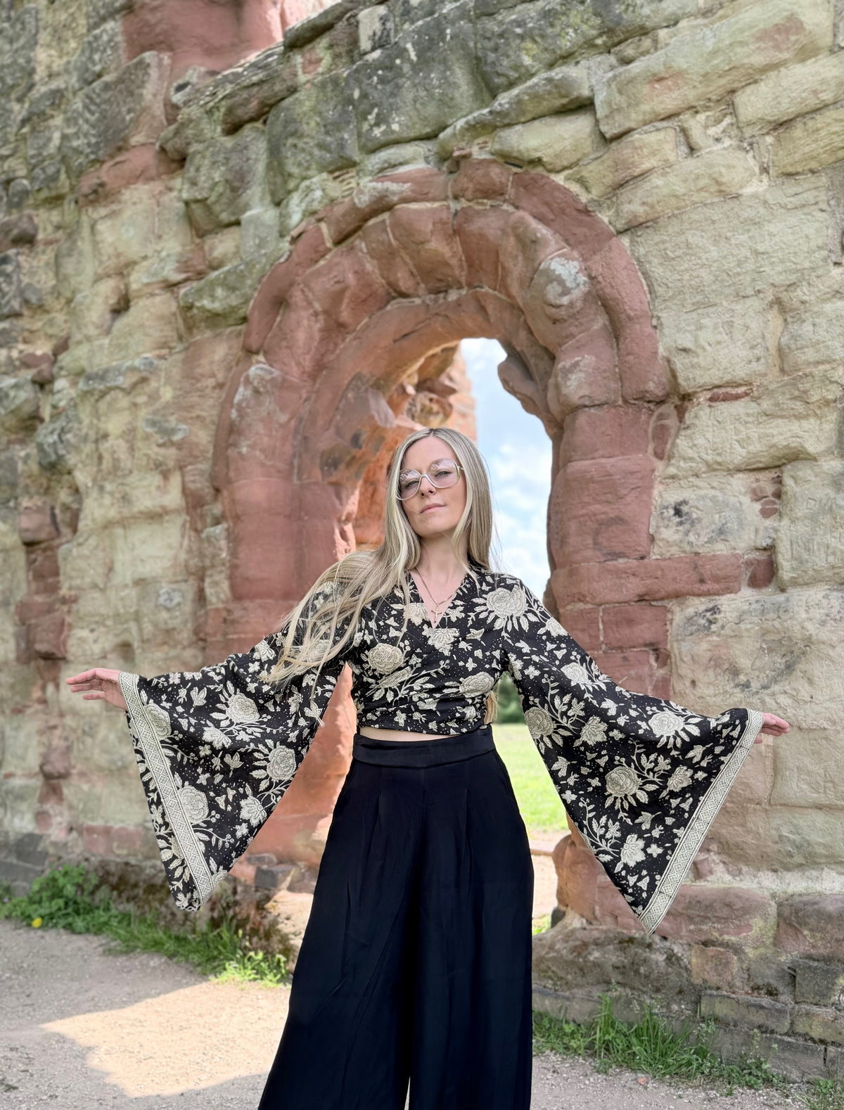 The Sofiya in Black Bell Sleeve Blouse | Indian Block Print Wrap Top