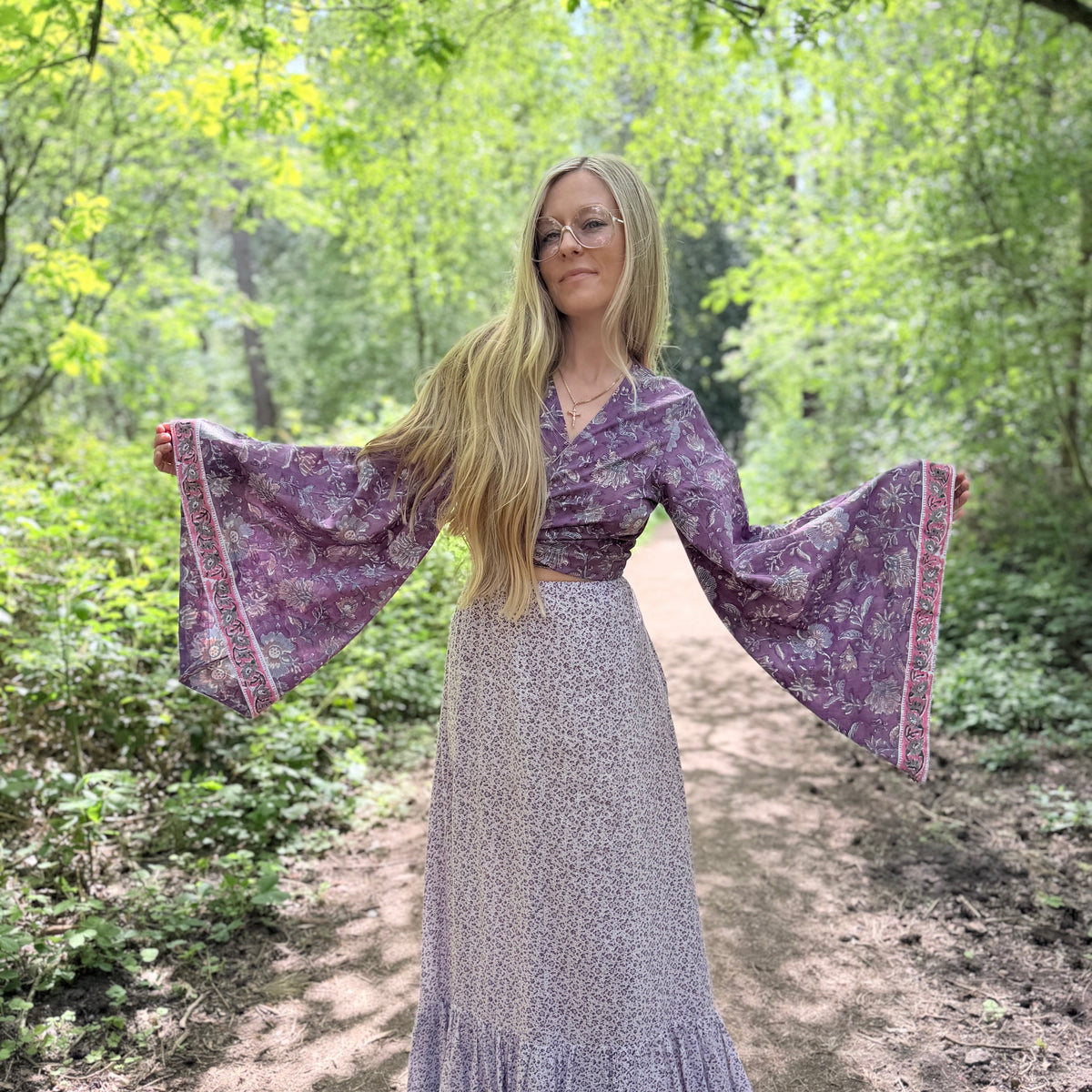 The Sofiya in Amethyst Bell Sleeve Block Print Blouse