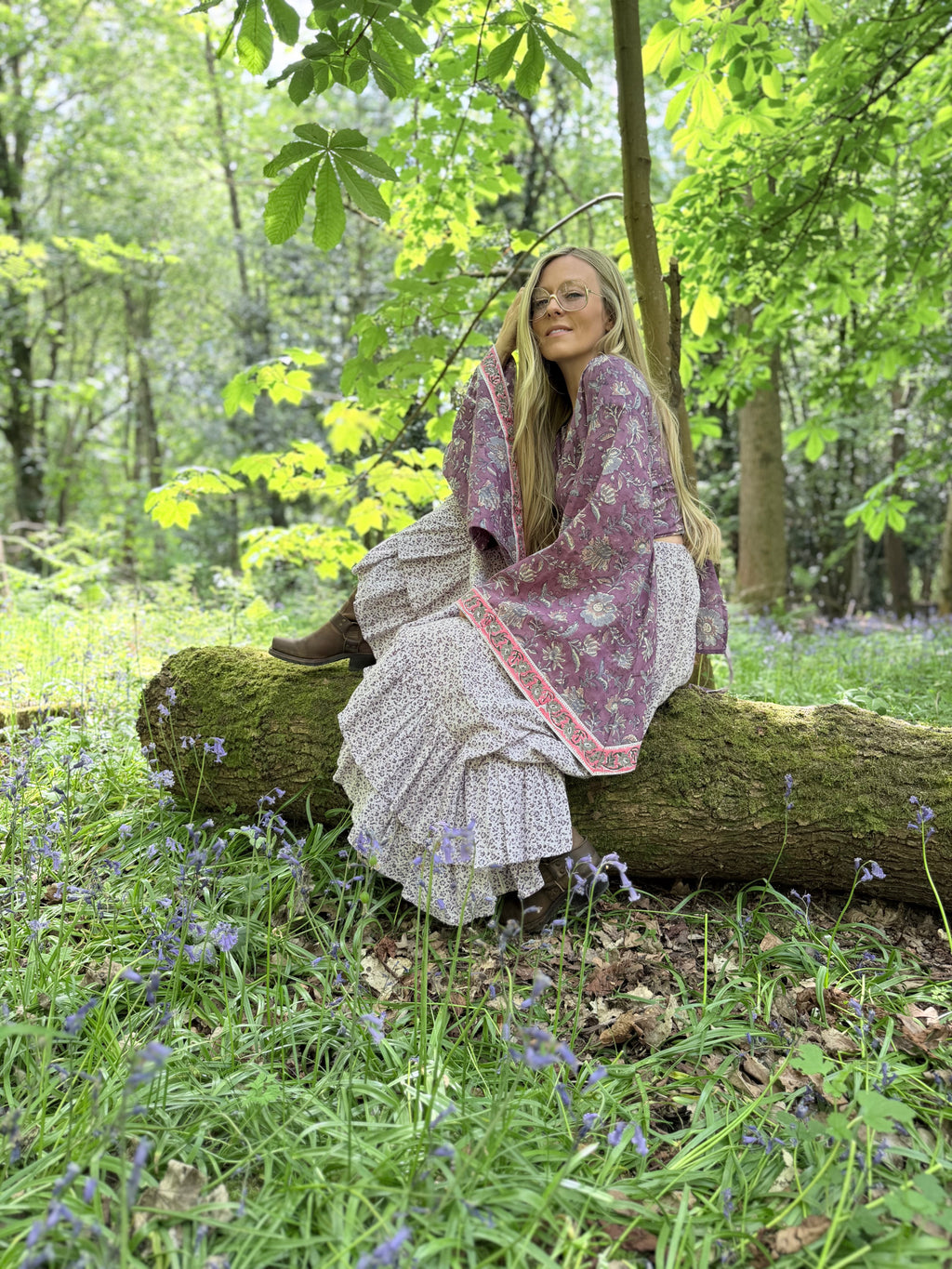 The Sofiya in Amethyst Bell Sleeve Block Print Blouse