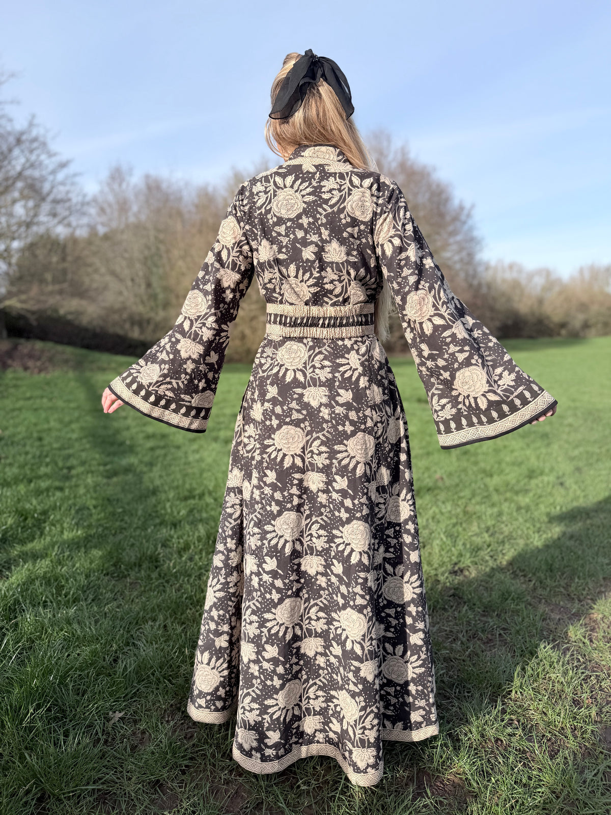The Florence Bell Sleeve Dress in Black | Traditionally Made & Block Printed
