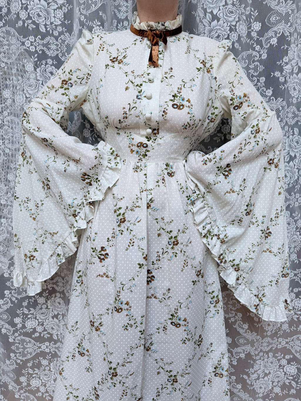 The Maria: Vintage 1970s Bell Sleeve Floral Maxi Dress