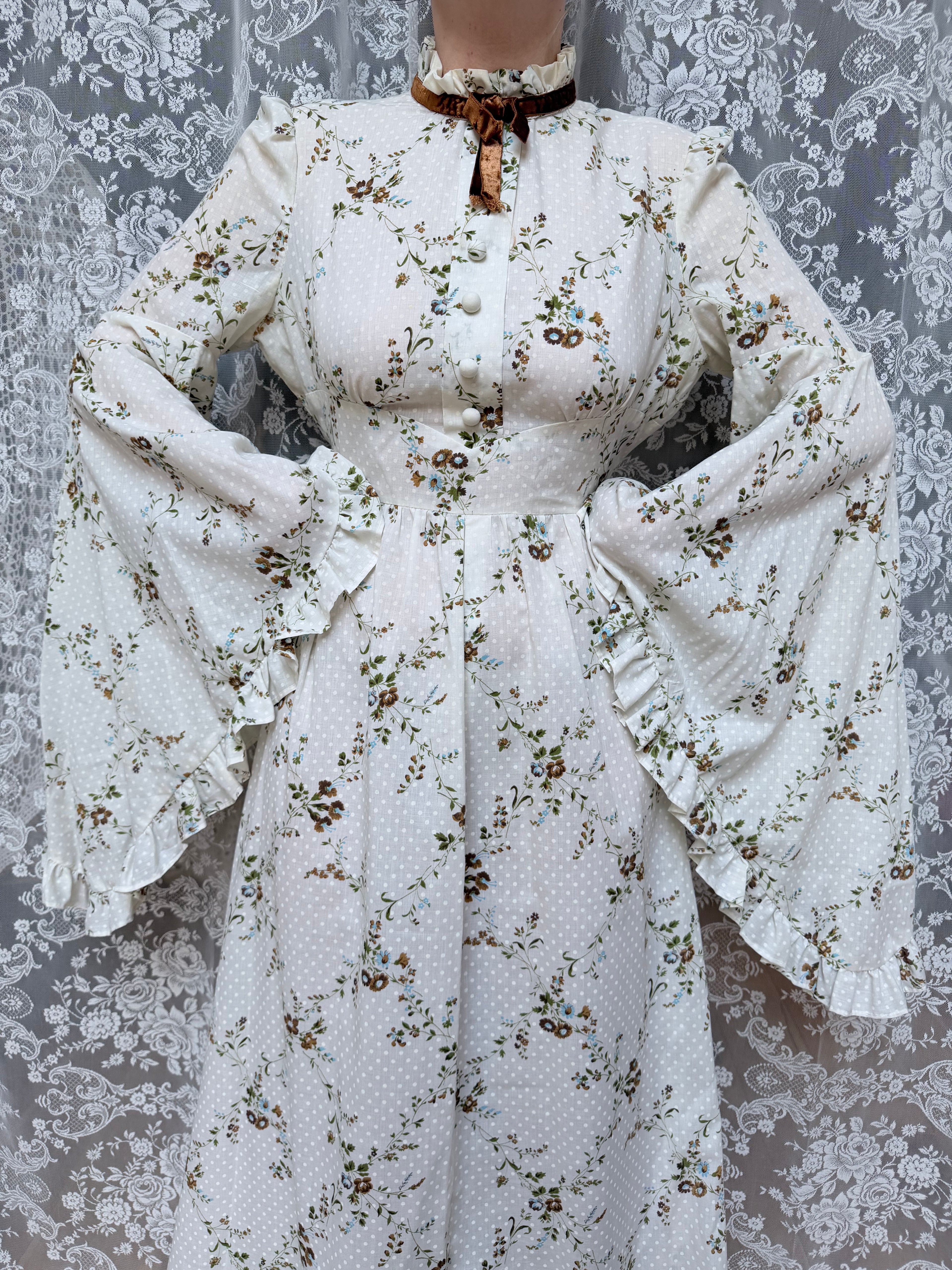 The Maria: Vintage 1970s Bell Sleeve Floral Maxi Dress