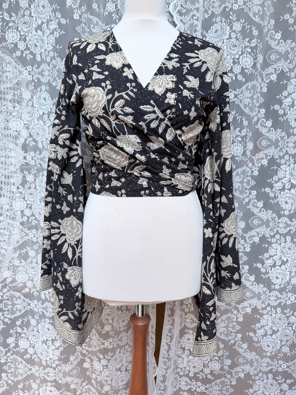 The Sofiya in Black Bell Sleeve Blouse | Indian Block Print Wrap Top