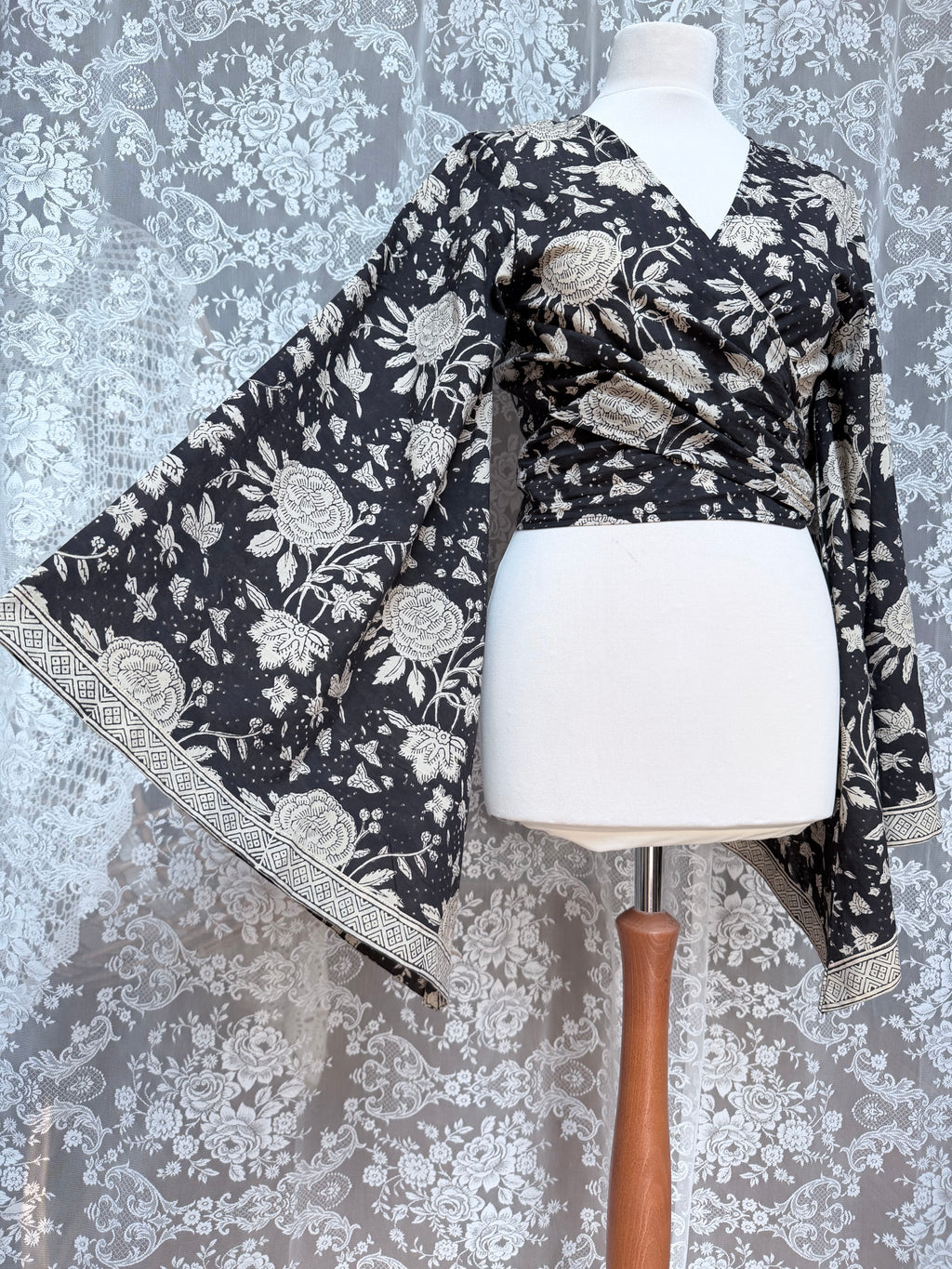 The Sofiya in Black Bell Sleeve Blouse | Indian Block Print Wrap Top