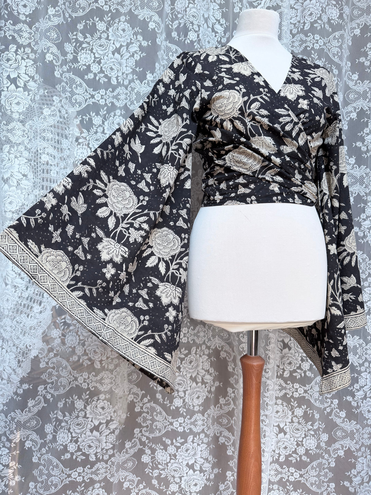 The Sofiya in Black Bell Sleeve Blouse | Indian Block Print Wrap Top