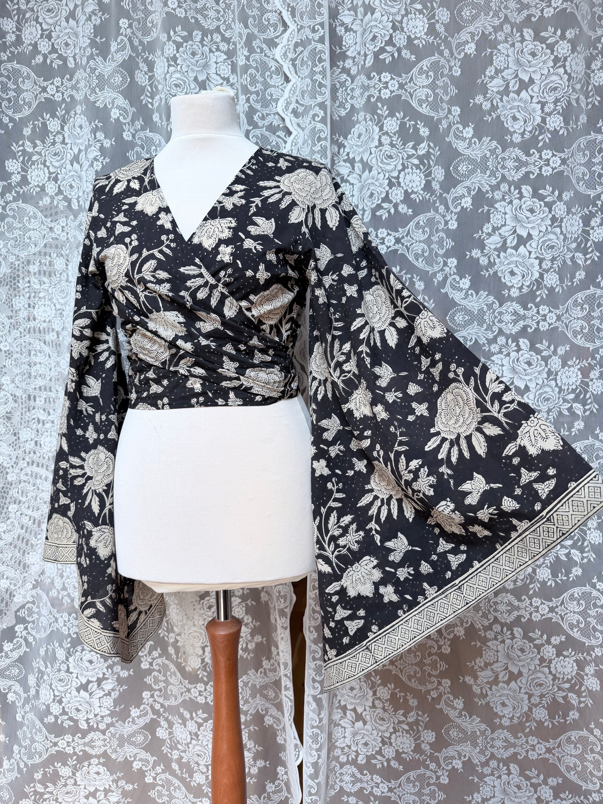 The Sofiya in Black Bell Sleeve Blouse | Indian Block Print Wrap Top