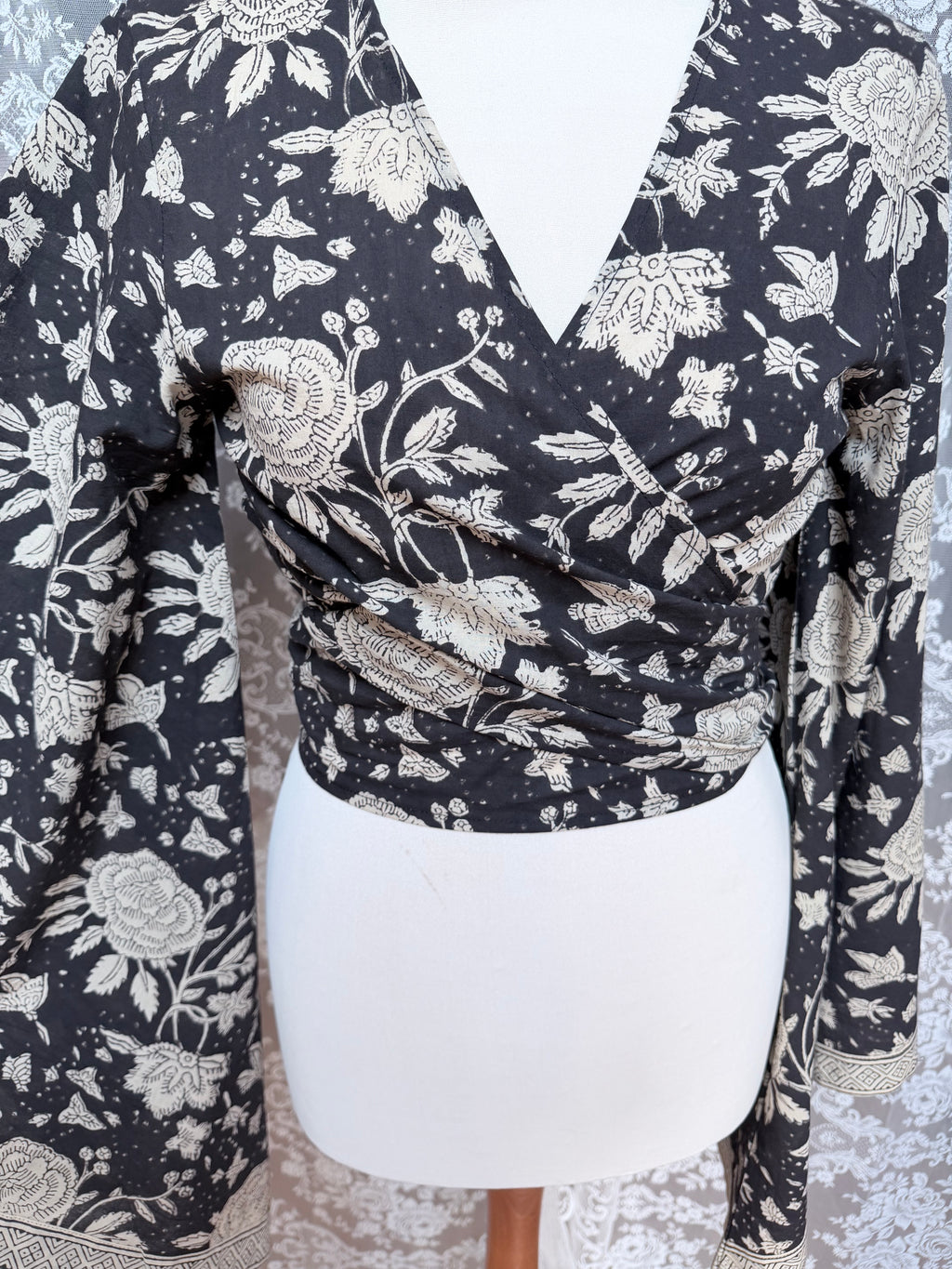 The Sofiya in Black Bell Sleeve Blouse | Indian Block Print Wrap Top