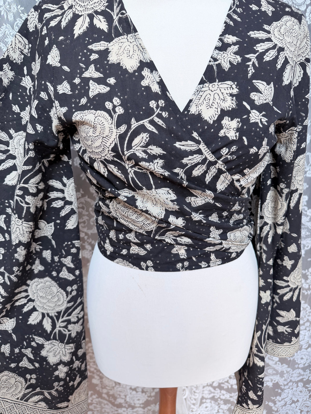 The Sofiya in Black Bell Sleeve Blouse | Indian Block Print Wrap Top