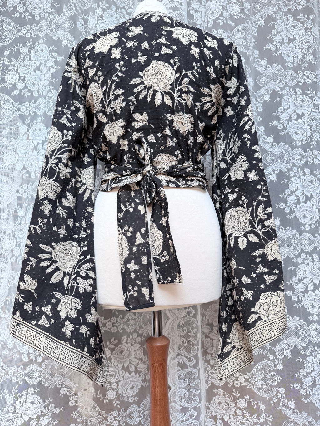 The Sofiya in Black Bell Sleeve Blouse | Indian Block Print Wrap Top