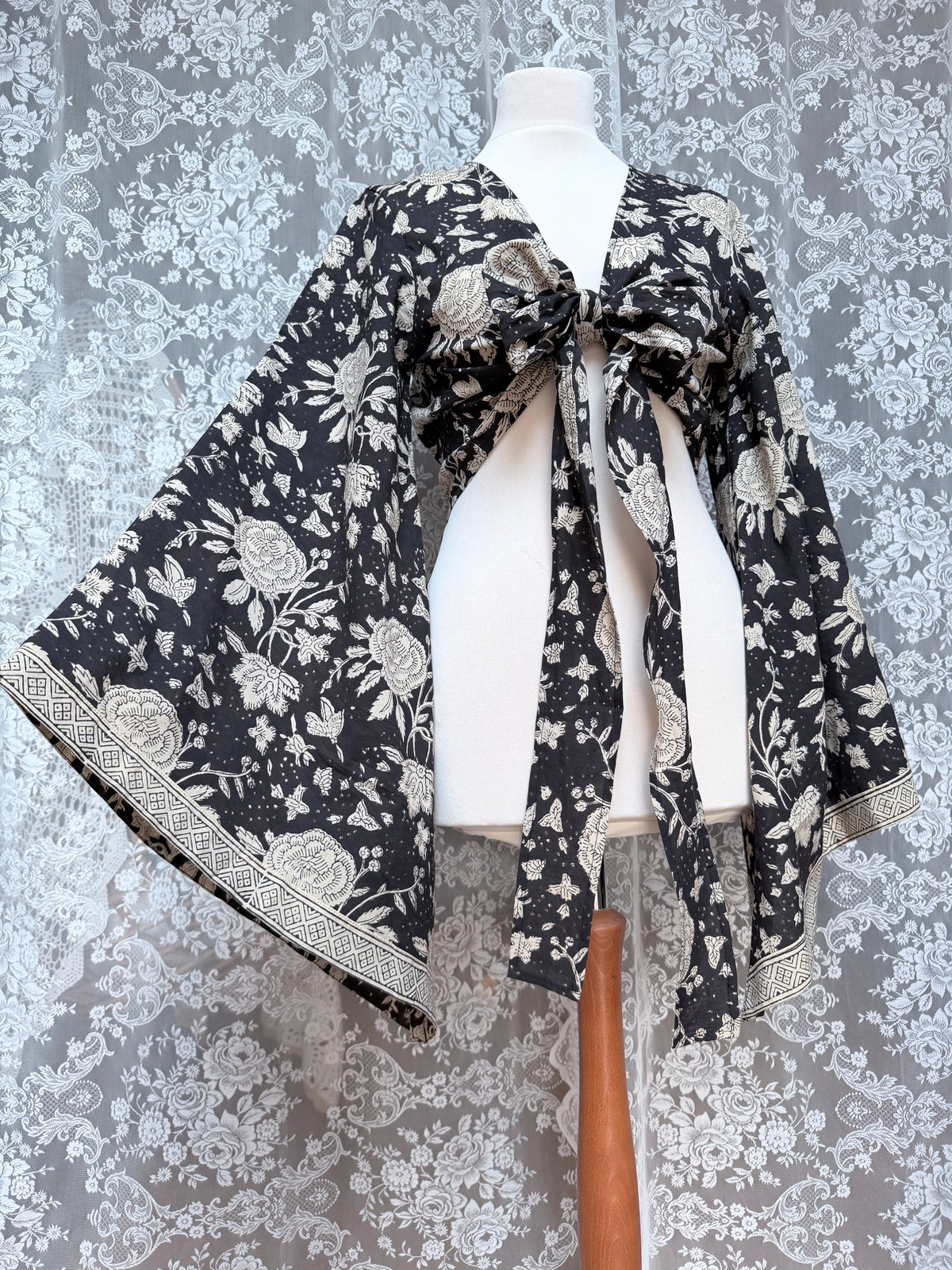 The Sofiya in Black Bell Sleeve Blouse | Indian Block Print Wrap Top