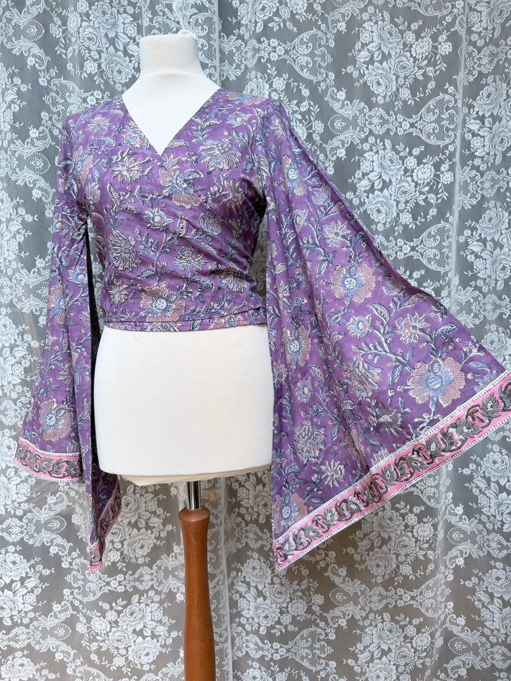 The Sofiya in Amethyst Bell Sleeve Block Print Blouse