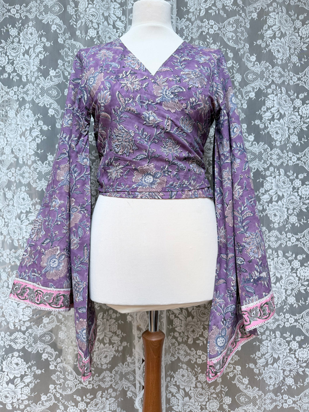 The Sofiya in Amethyst Bell Sleeve Block Print Blouse