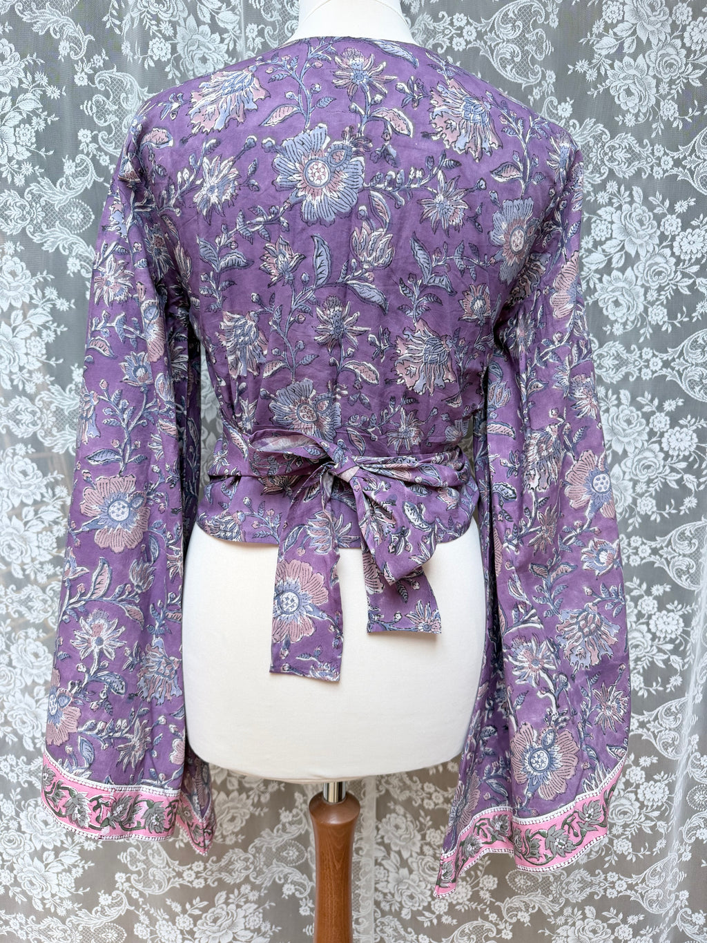 The Sofiya in Amethyst Bell Sleeve Block Print Blouse