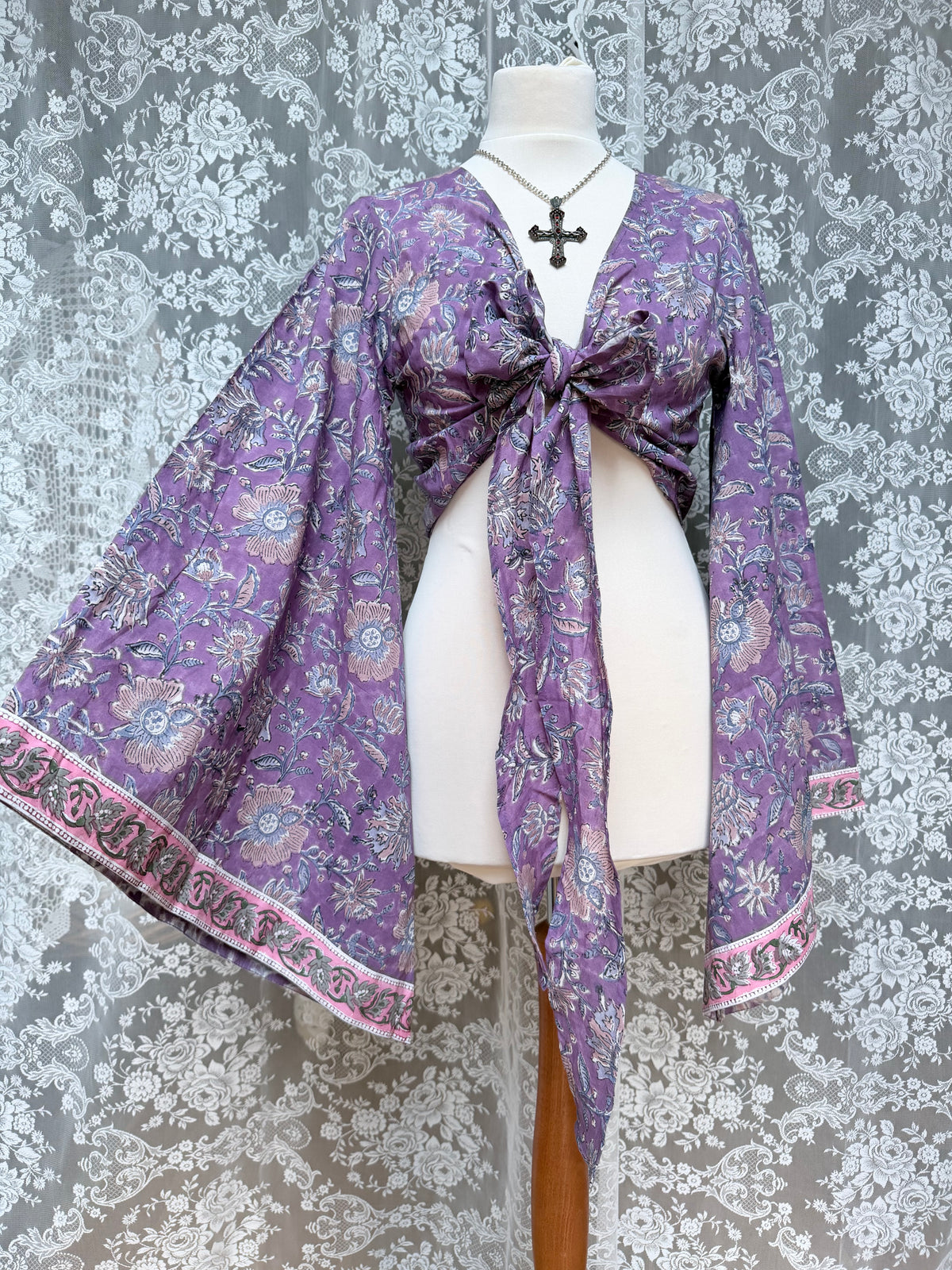The Sofiya in Amethyst Bell Sleeve Block Print Blouse