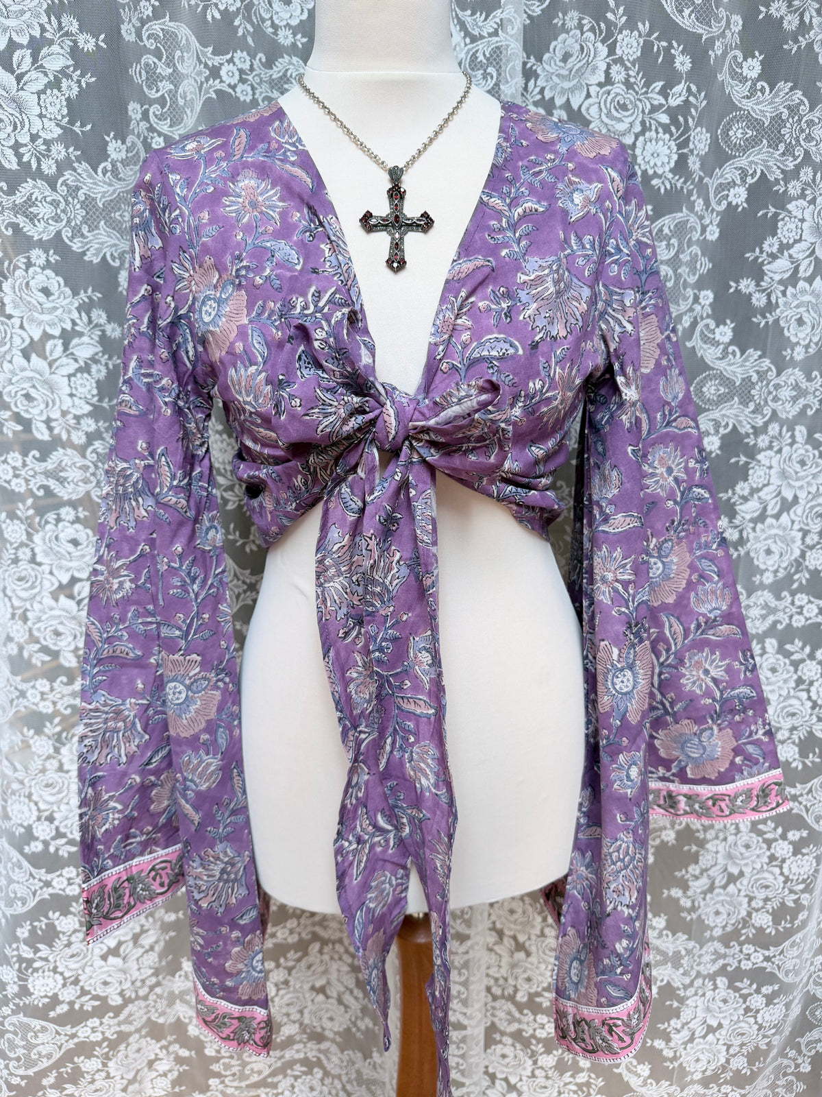 The Sofiya in Amethyst Bell Sleeve Block Print Blouse