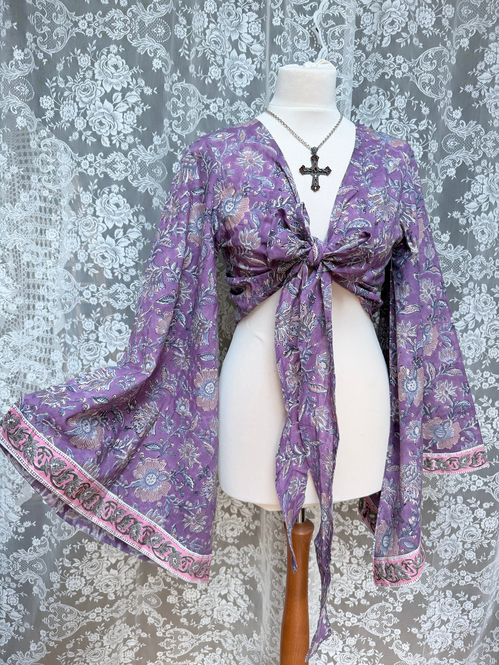 The Sofiya in Amethyst Bell Sleeve Block Print Blouse