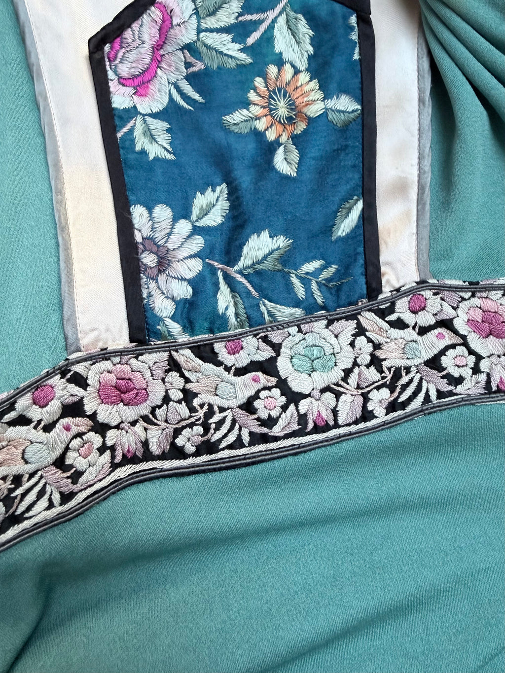 Vintage Marisa Martin 1970s Silk Panel Midi Dress With Hand-Embroidered Flowers & Birds
